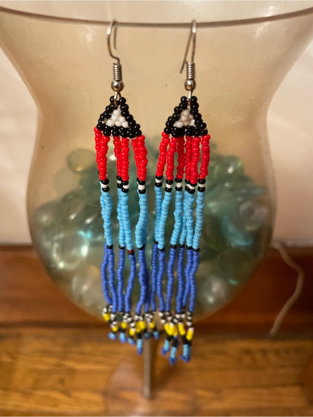 Handmade Multicolor Beaded Fringe Earrings – Blue, Red & Yellow - Picture 4 of 5